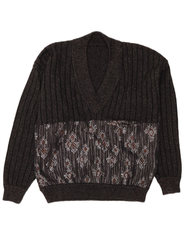 Pulover vintage pentru bărbați cu decolteu în V, mare, negru, Fair Isle