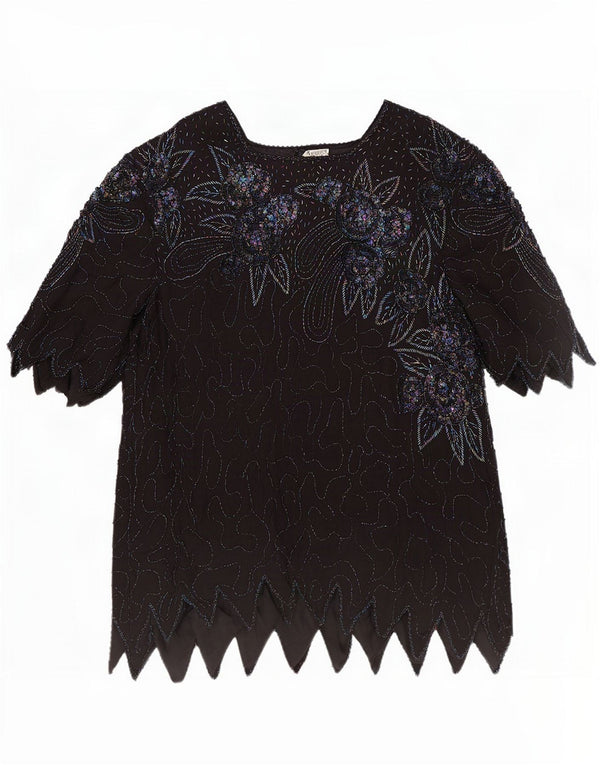 Bluză de seară vintage pentru femei UK 18 XL Mătase florală neagră