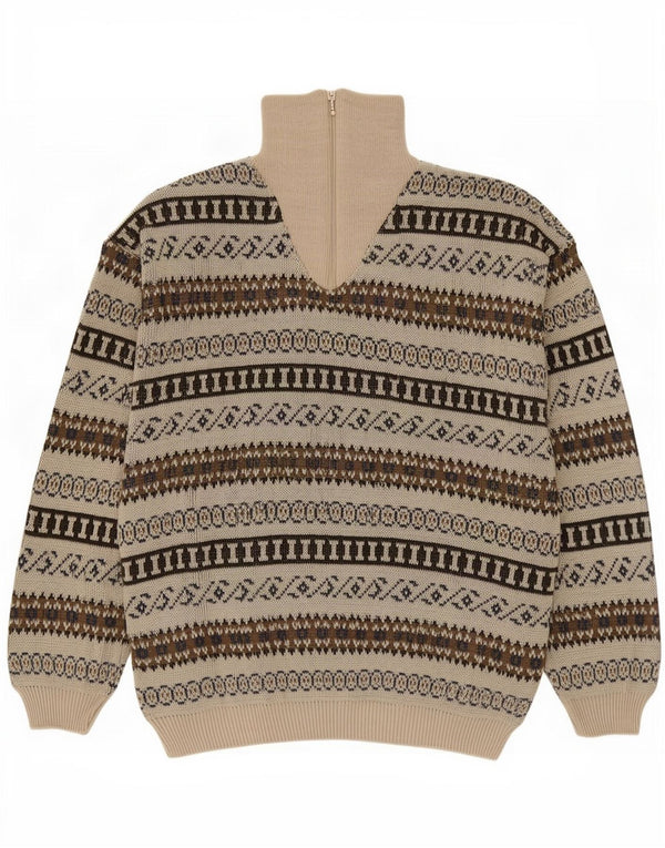 Pulover vintage pentru bărbați, cu fermoar, cu gât, IT 54 XL, bej, geometric, acrilic