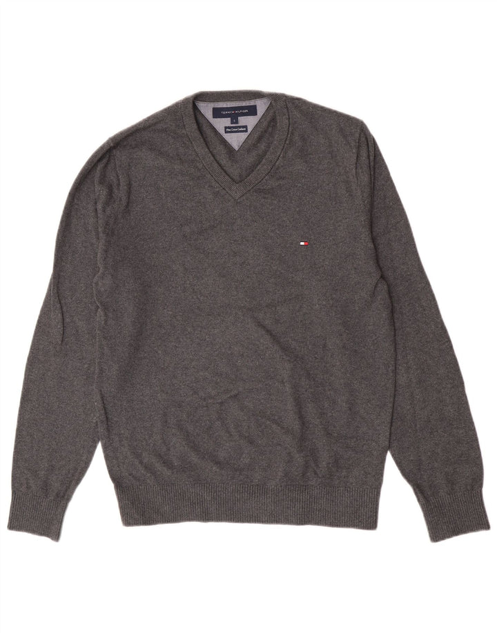 Pulover cu decolteu în V Tommy Hilfiger pentru bărbați, bumbac, gri mic