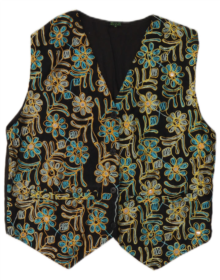 Vestă VINTAGE pentru femei UK 14 Medium Black Floral Bumbac