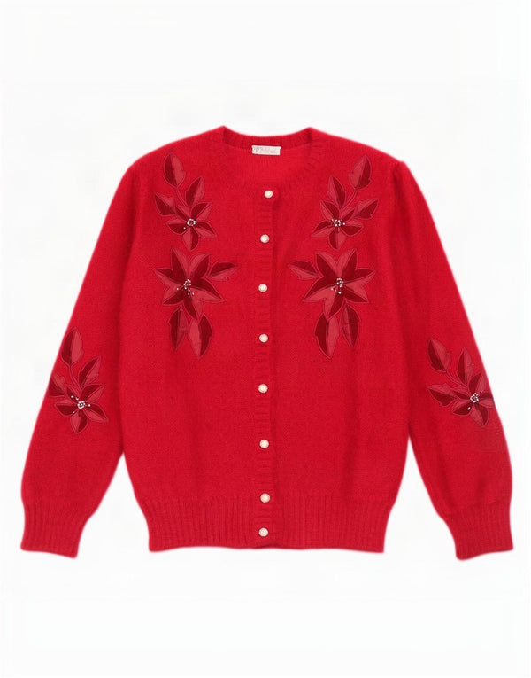 Pulover Cardigan Vintage pentru Damă UK 16 Mare Roșu Floral