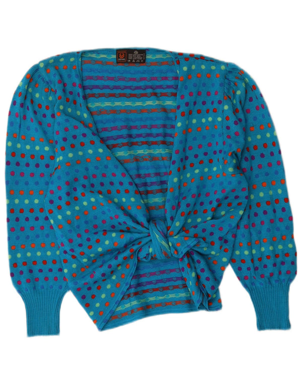 Pulover cardigan pentru femei Stefanel cu cravata in fata UK 16 Lână mare cu buline albastre