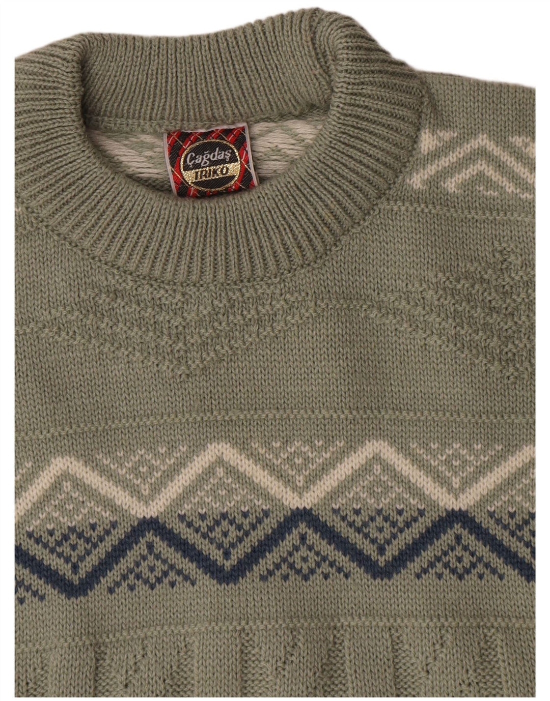 Pulover vintage pentru bărbați cu gâtul turnat, bumbac geometric kaki mediu