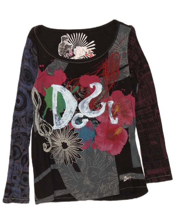 Top grafic pentru femei Desigual cu mânecă lungă UK 14 Medium Black Floral Viscose