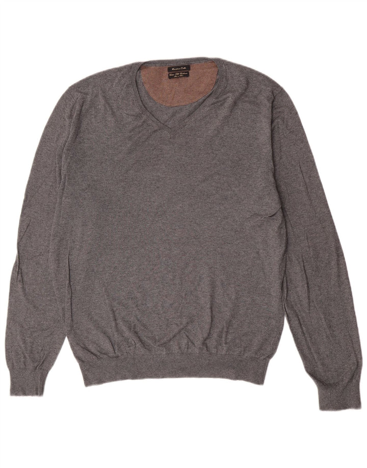 Massimo Dutti Pulover cu decolteu în V pentru bărbați, mare, gri, bumbac, clasic