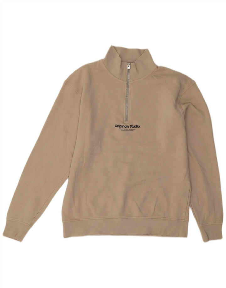 Pulover pentru bărbați Jack & Jones, cu grafic, cu fermoar, bumbac, bej mediu