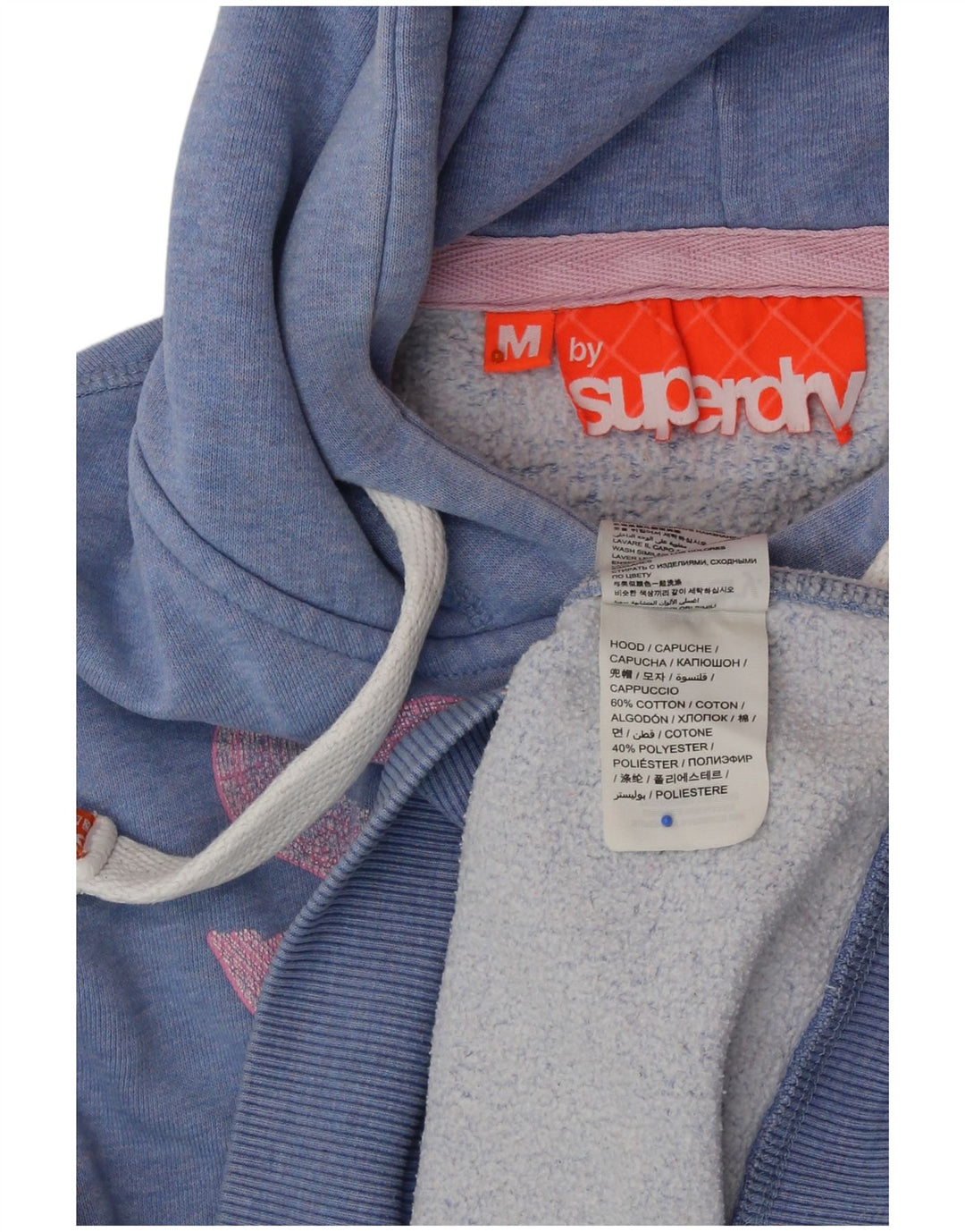 SUPERDRY Pulover cu glugă cu grafică pentru femei UK 14, bumbac cu pete albastru mediu