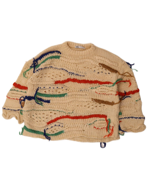 Pulover pentru femeie Zara, cu mâneci 3/4, cu gât crew, UK 6 XS, bej, cu dungi