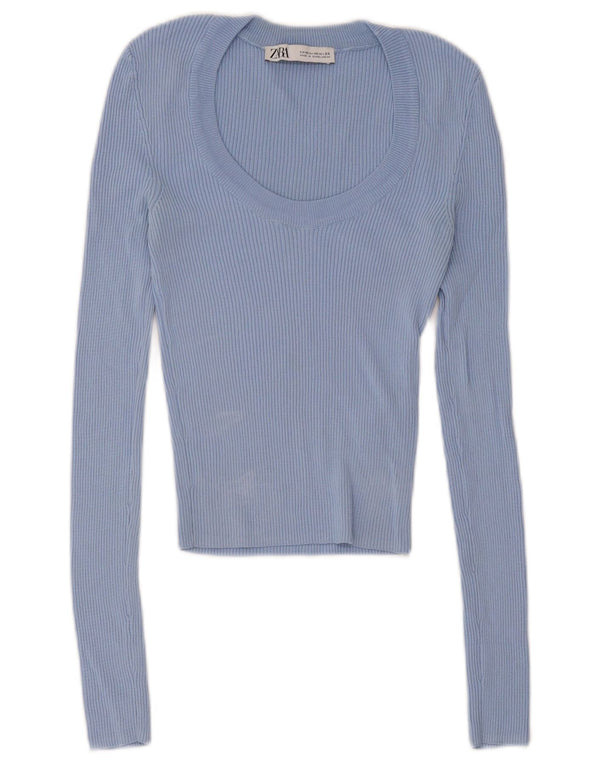 Crop Top pentru femei Zara cu mânecă lungă UK 4 XS Blue Viscose