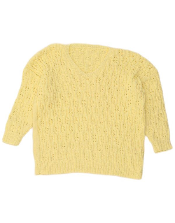Pulover vintage pentru femei cu mâneci 3/4 cu decolteu în V, mare, galben, UK 16