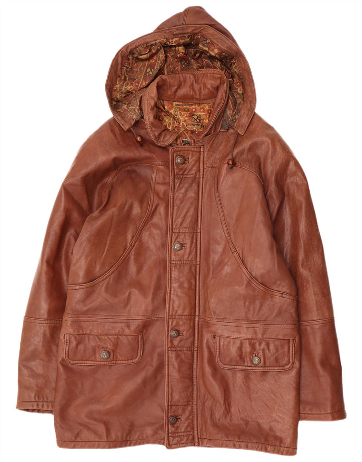 Palton din piele vintage pentru bărbați cu glugă IT 54 2XL din piele maro