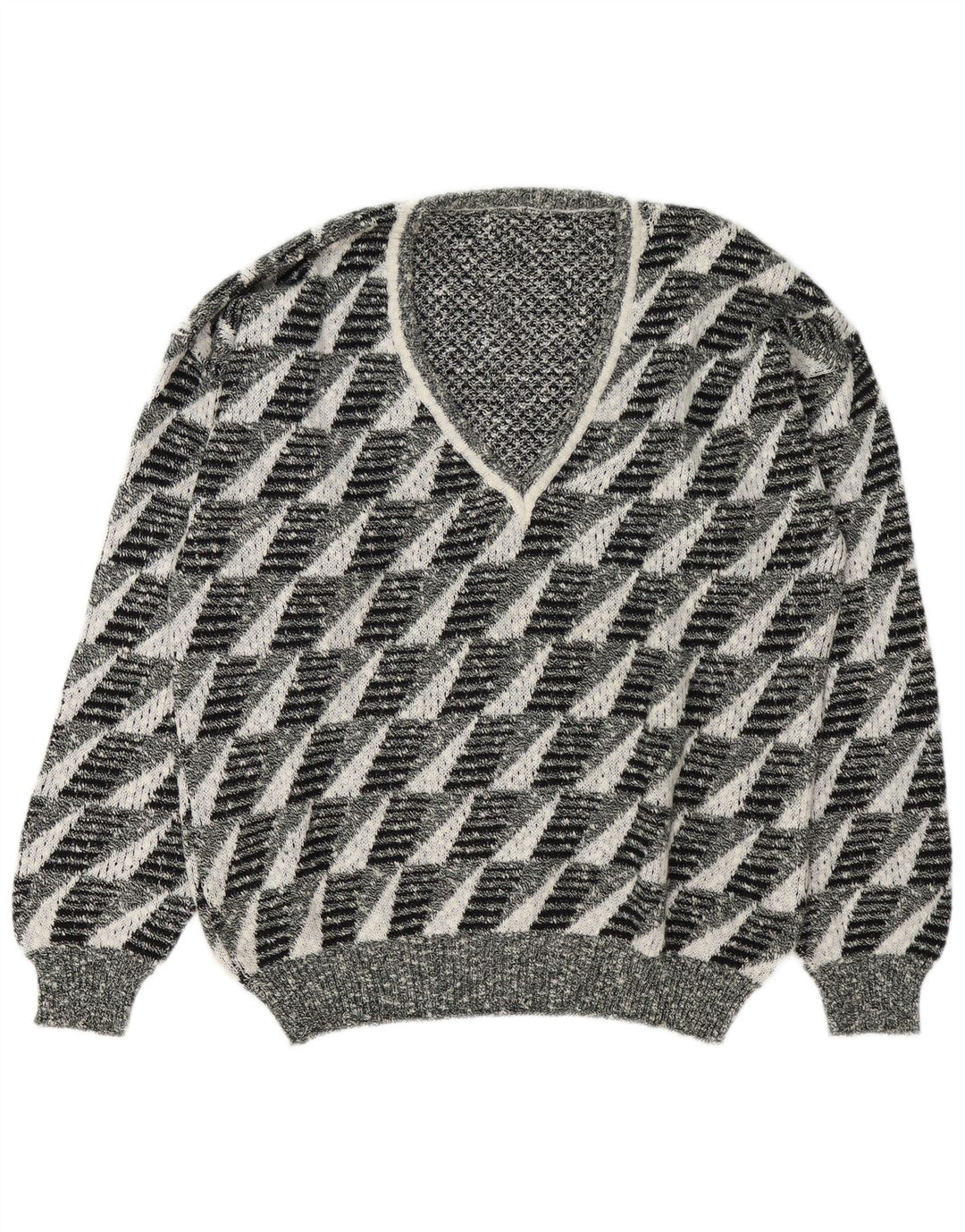 Pulover vintage pentru bărbați cu decolteu în V, mare, gri geometric