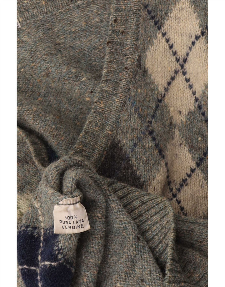 Pulover vintage pentru bărbați cu decolteu în V, lână virgină, gri mediu, argyle/diamond
