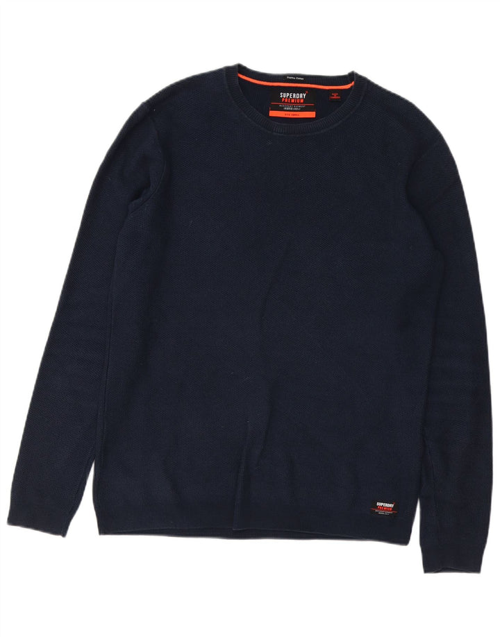 Pulover Superdry pentru bărbați cu decolteu triplu, bumbac, albastru bleumarin