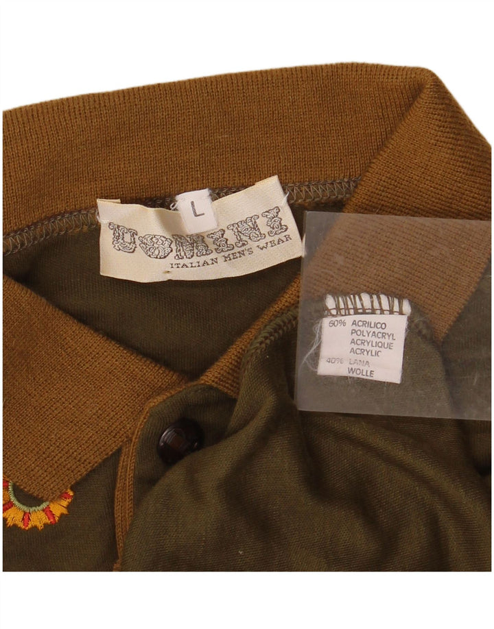 VINTAGE Pulover cu gât polo pentru bărbați, mare, acrilic, kaki