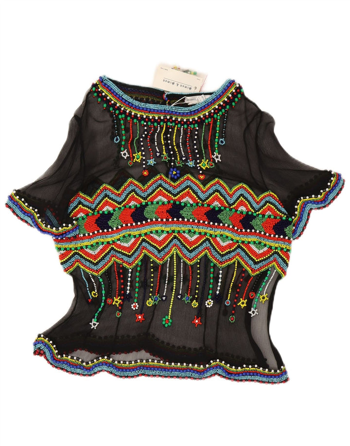 Bluză Vintage pentru femei See Through Top IT 48 XL Mătase geometrică neagră