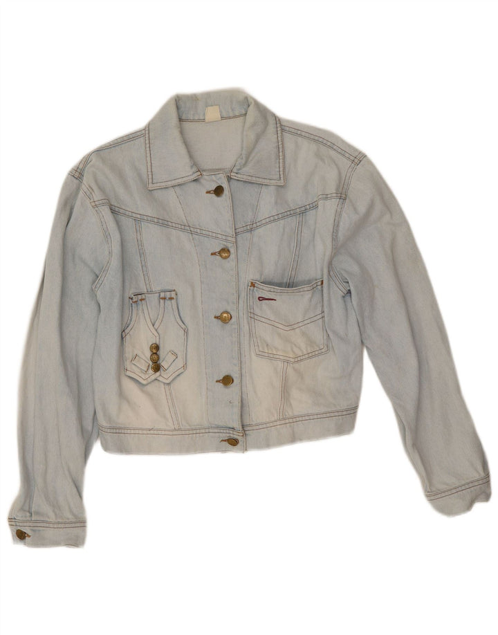 Jachetă vintage de denim cu grafică pentru femei UK 10 mic, albastru, bumbac