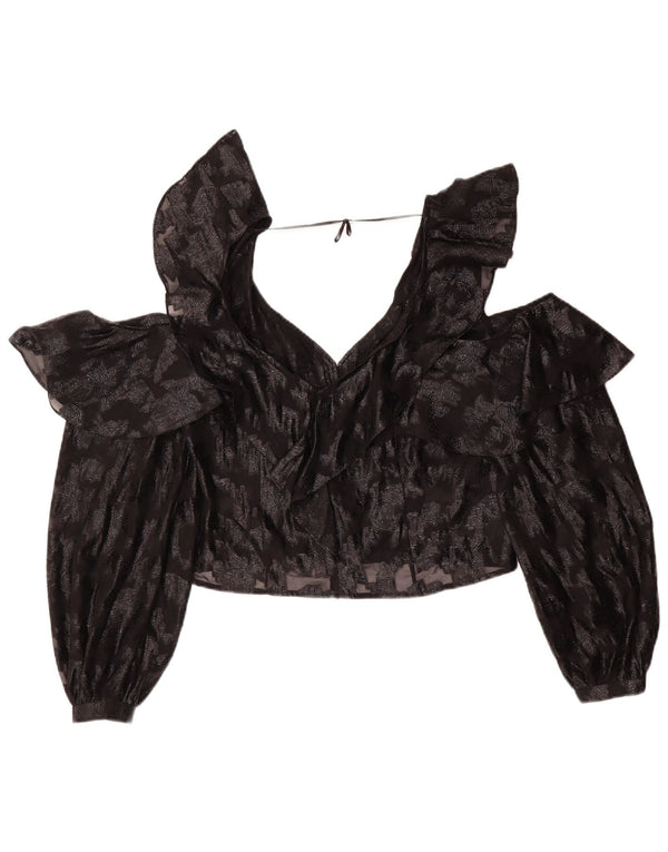 Bluză vintage cu mânecă lungă pentru damă, top UK 14 Medium Black Floral