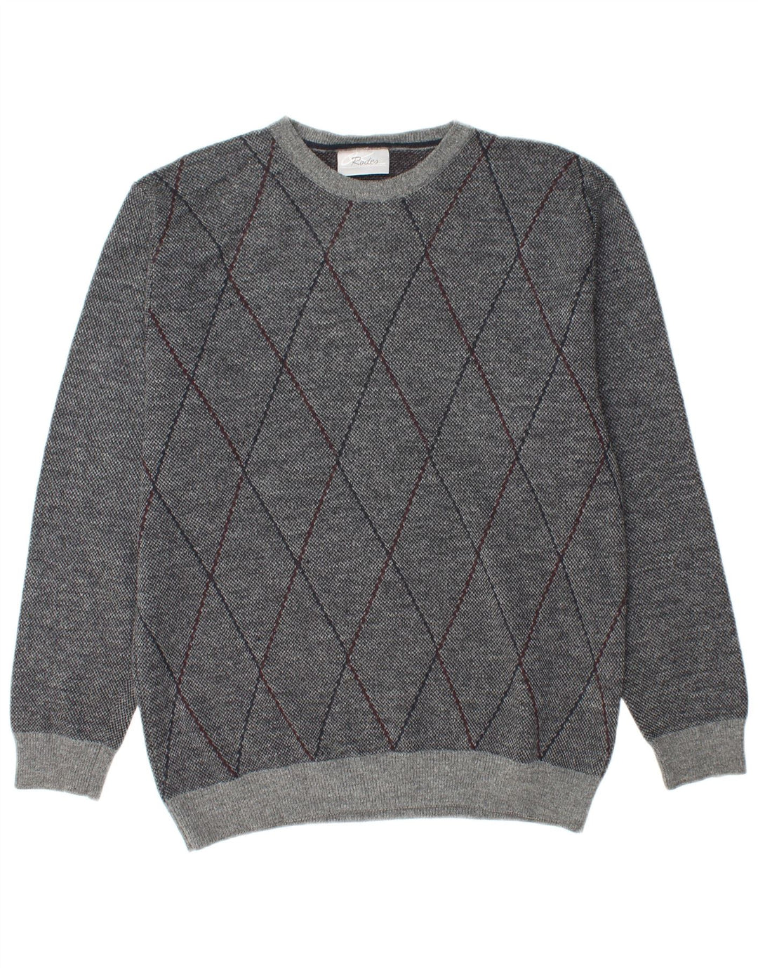 RODES Mens Crew Neck Jumper Sweater 2XL Grey Argyle/Diamond Wool
