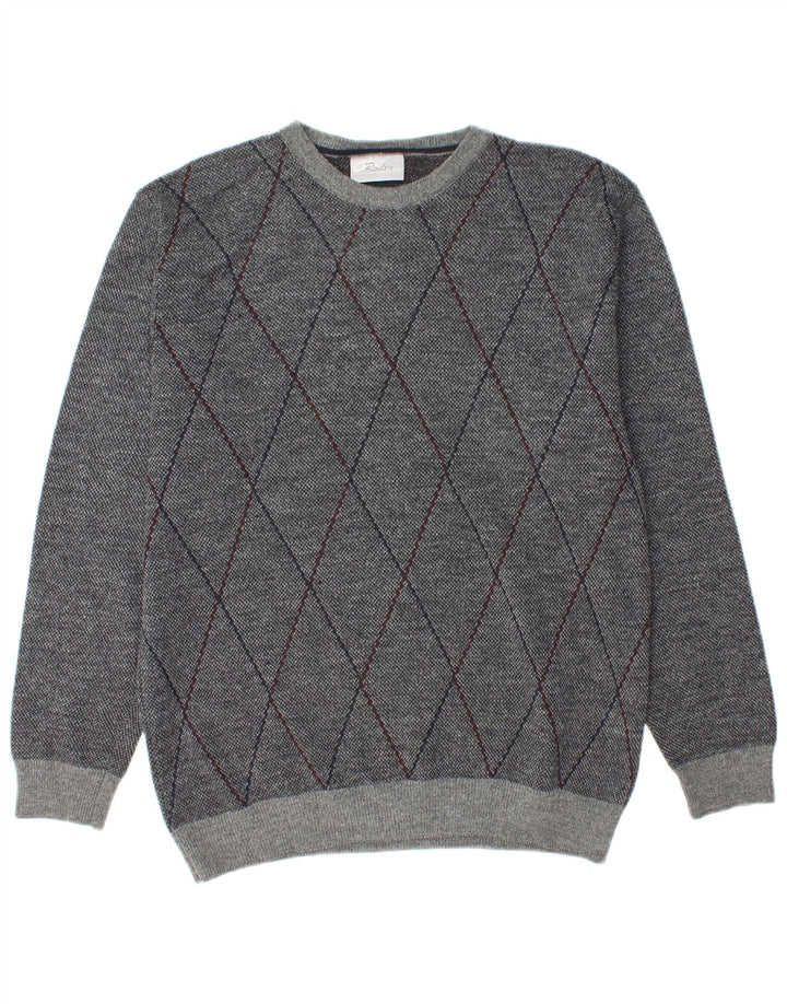 RODES Mens Crew Neck Jumper Sweater 2XL Grey Argyle/Diamond Wool