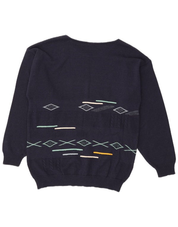 Pulover vintage pentru bărbați, cu gât de barcă, din bumbac geometric, albastru, mediu