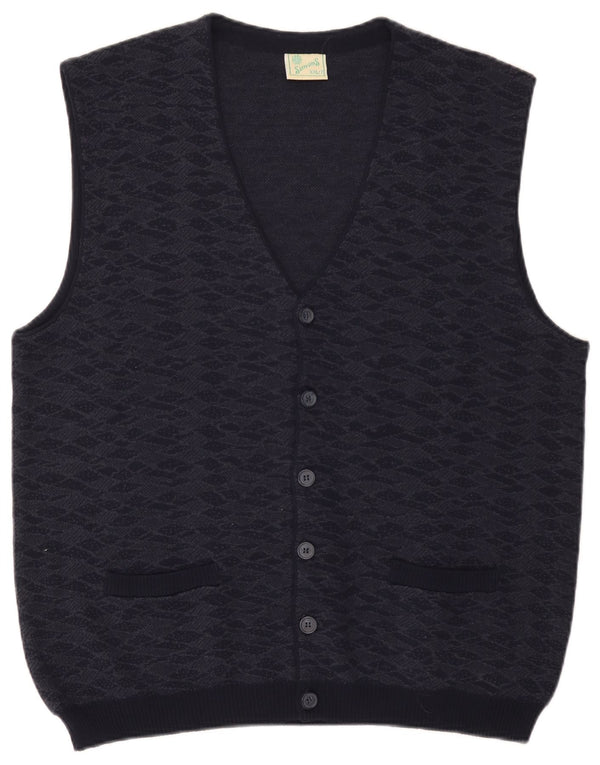 Cardigan Vintage fără mâneci pentru bărbați 2XL Lână geometrică bleumarin