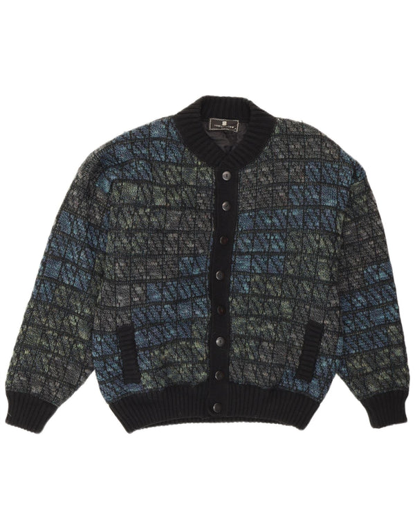 Tobia System Mens Knit Bomber Jacket EU 46 Small Navy Blue Check Wool Retro