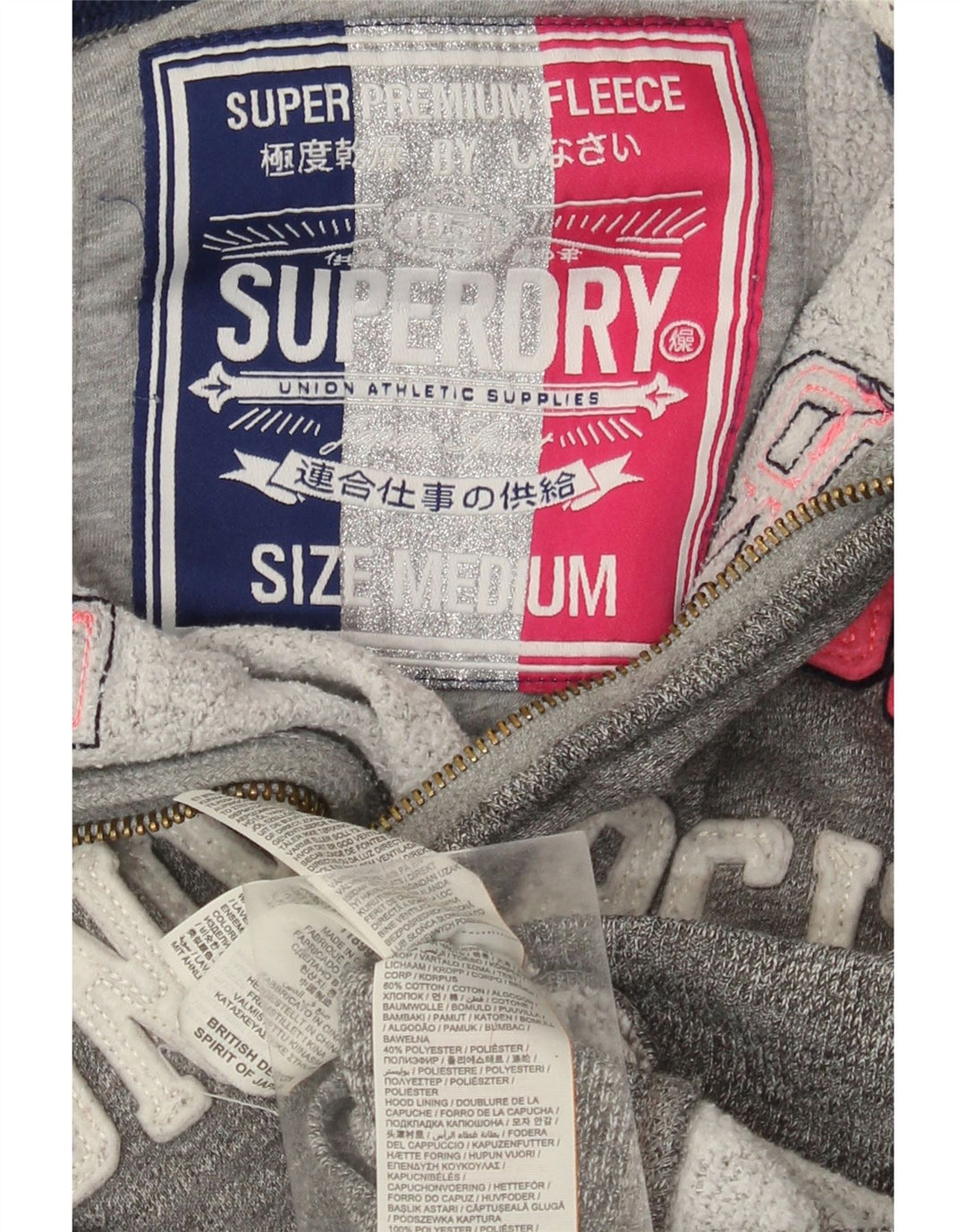 SUPERDRY Pulover cu capota cu fermoar grafic pentru femei UK 14 bumbac gri mediu