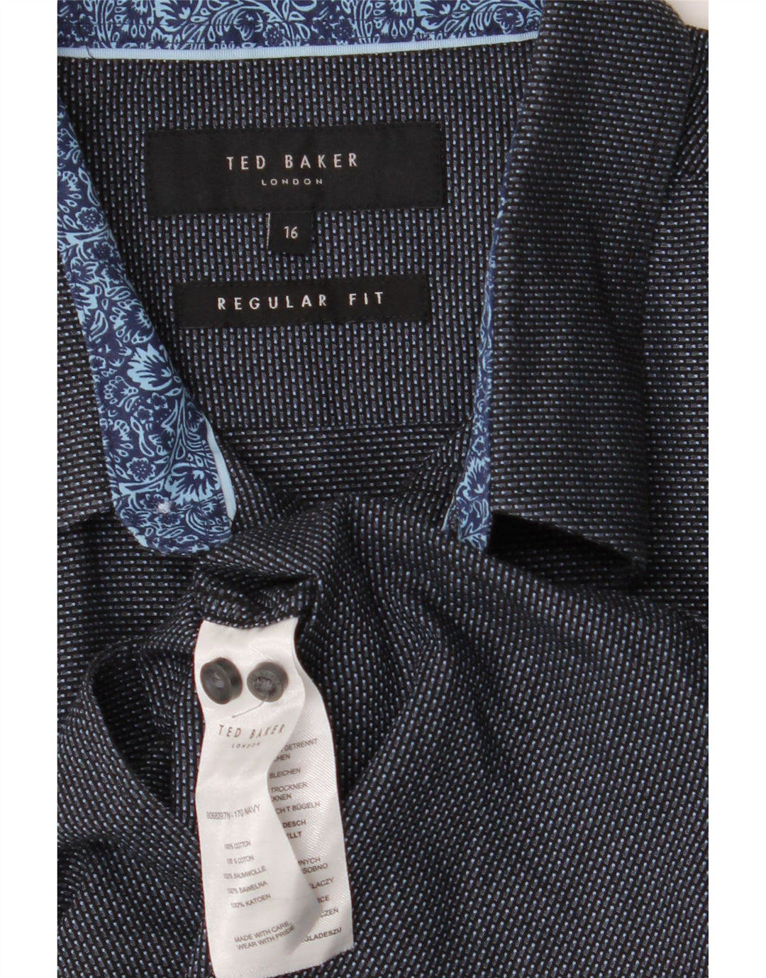 Cămașă TED BAKER pentru bărbați, cu tăiere obișnuită, mărimea 16 mare, bumbac cu pete, albastru marin