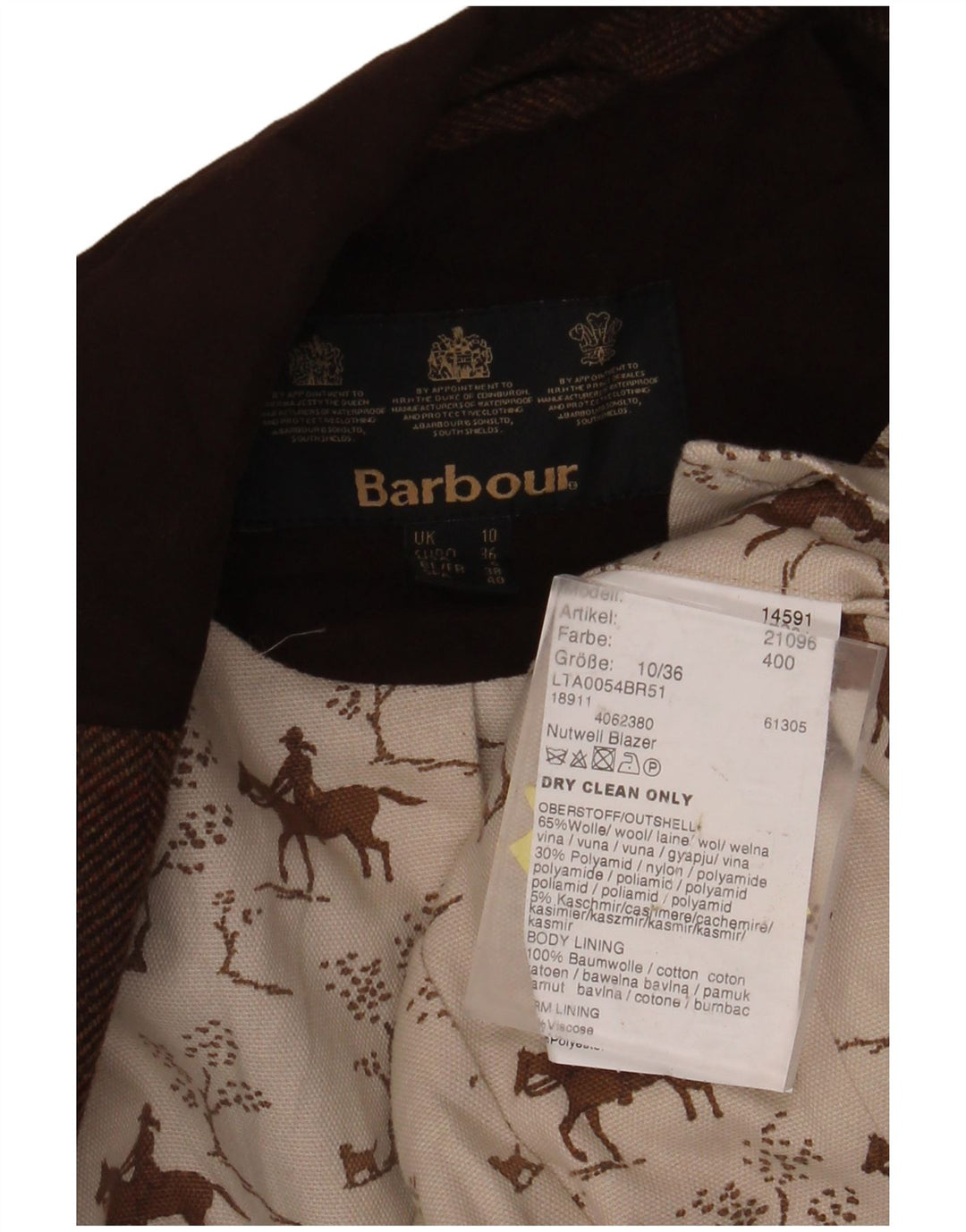 Jachetă pentru femei BARBOUR, cu 1 nasture, UK 10, lână maro mică, cu oase