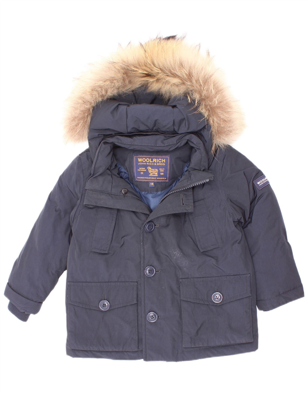 Jachetă căptușită cu glugă Woolrich pentru bebeluși 12-18 luni, poliester bleumarin