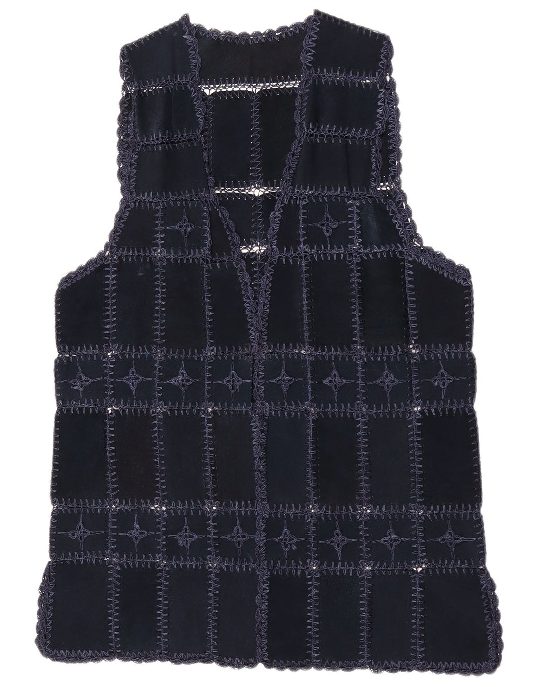 Gilet vintage pentru femei din piele intoarsa UK 14 Medium Bleumarin Patchwork