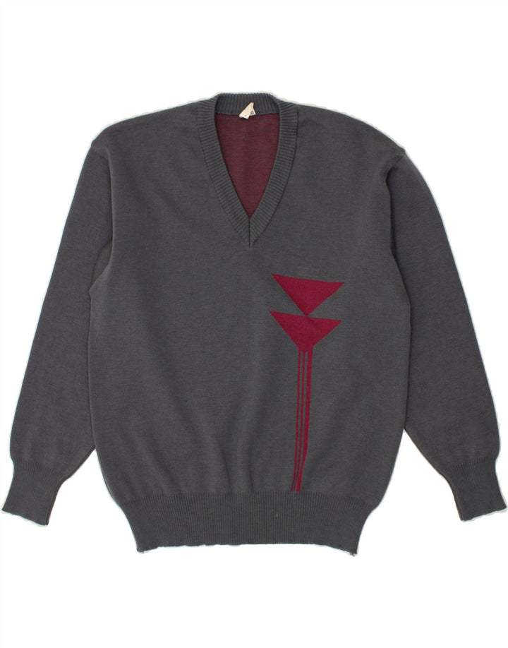 VINTAGE Mens V-Neck Jumper Sweater Medium Grey Wool Vintage Vintage and Second-Hand Vintage from Messina Hembry 
