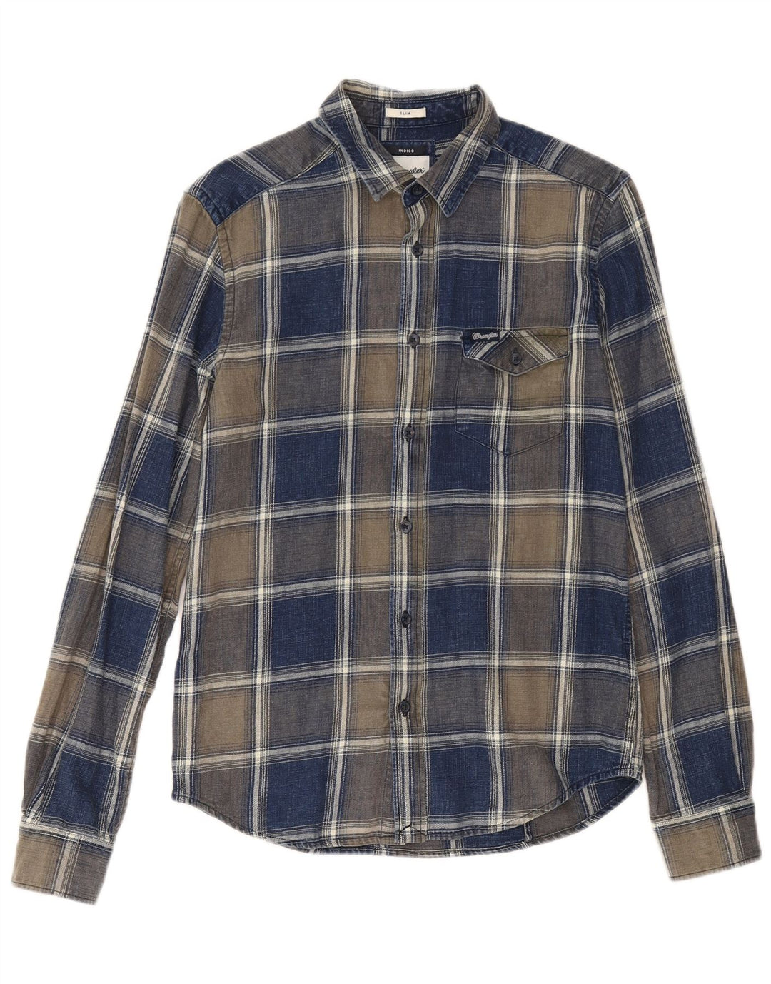 Cămașă de flanel subțire în carouri indigo Wrangler pentru bărbați, cu carouri mici, bleumarin