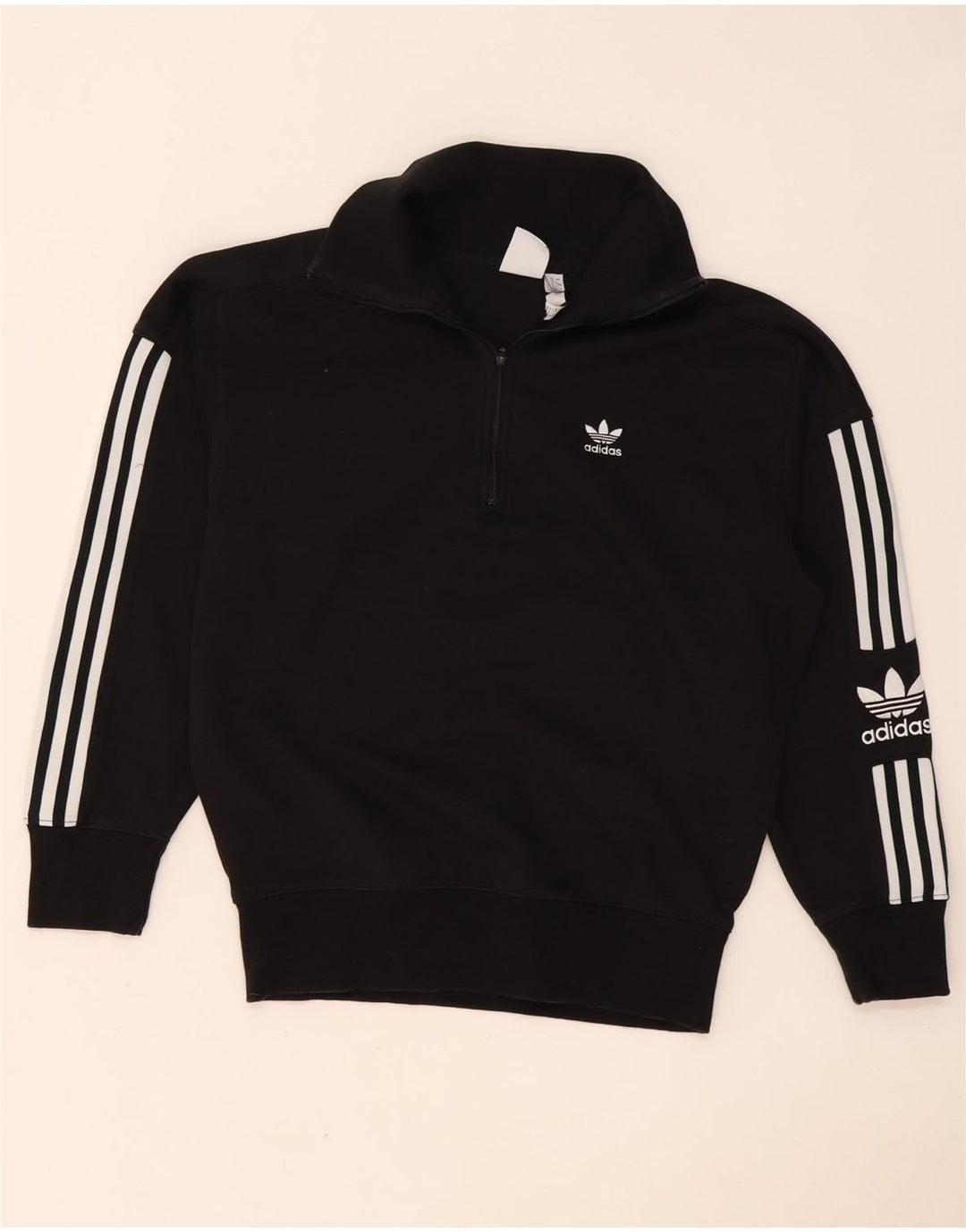Pulover Adidas pentru femei, supradimensionat, cu grafic, cu fermoar, cu gât, UK 8, mic, negru