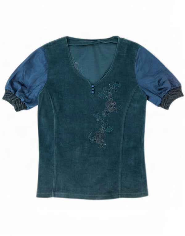 Vintage Womens Velour Bluze Top UK 14 Medium Blue Floral Bumbac