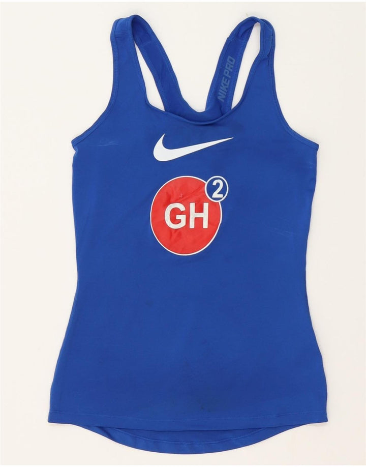 NIKE Womens Dri Fit Graphic Vest Top UK 8 Small Blue Polyester Vintage Nike and Second-Hand Nike from Messina Hembry 