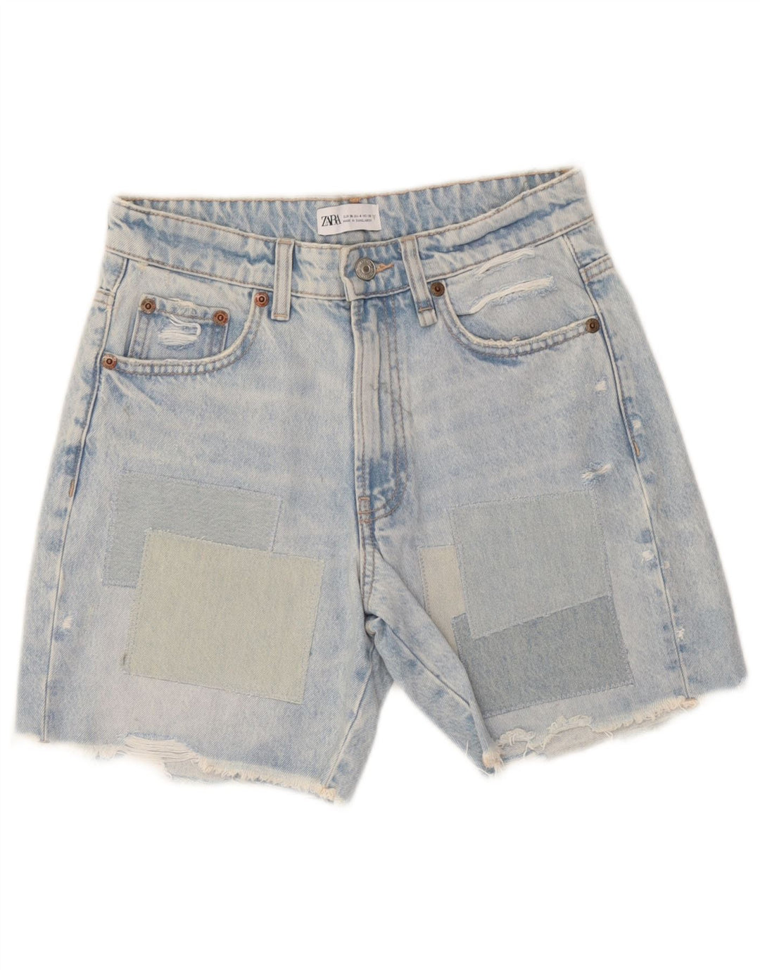 Pantaloni scurți din denim învechit pentru femei Zara EU 36 XS W26 Bumbac patchwork albastru