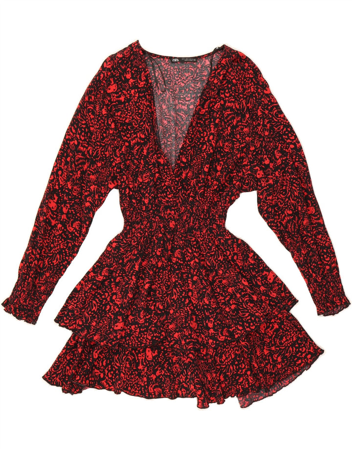 ZARA Womens Long Sleeve Abstract Pattern A-Line Dress UK 14 Medium Red Vintage Zara and Second-Hand Zara from Messina Hembry 