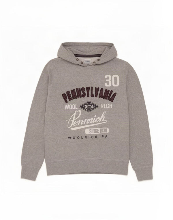 Pulover Woolrich pentru bărbați cu capota, gri mediu, bumbac