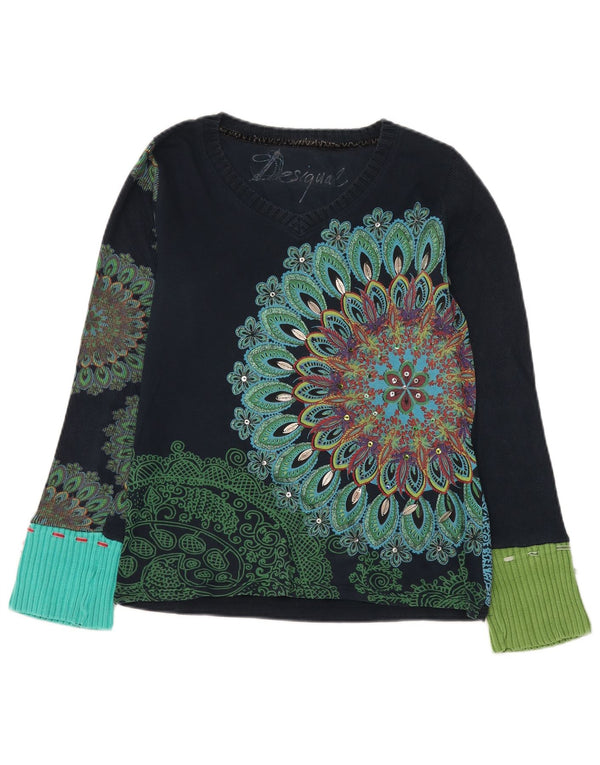 Desigual Womens Graphic Top Long Sleeve UK 16 Large Navy Blue Floral Cotton