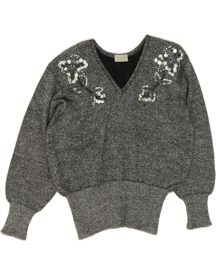 ANDREA MARE Womens V-Neck Jumper Sweater UK 18 XL Grey Vintage Andrea Mare and Second-Hand Andrea Mare from Messina Hembry 