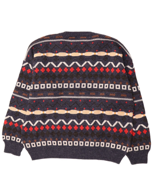 Pulover Vintage pentru bărbați cu decolteu în V XL Lână geometrică bleumarin