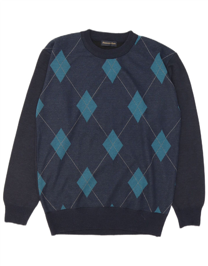 Pulover vintage pentru bărbați cu gât roșu, mare, albastru bleumarin, lână Argyle/Diamond