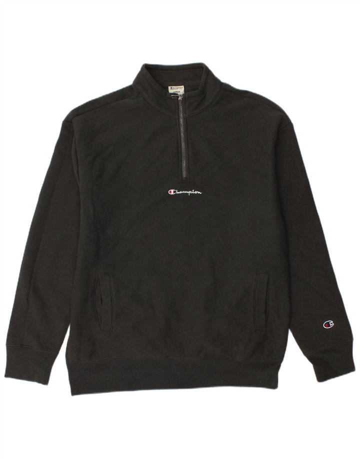CHAMPION Mens Zip Neck Sweatshirt Jumper Large Black Cotton