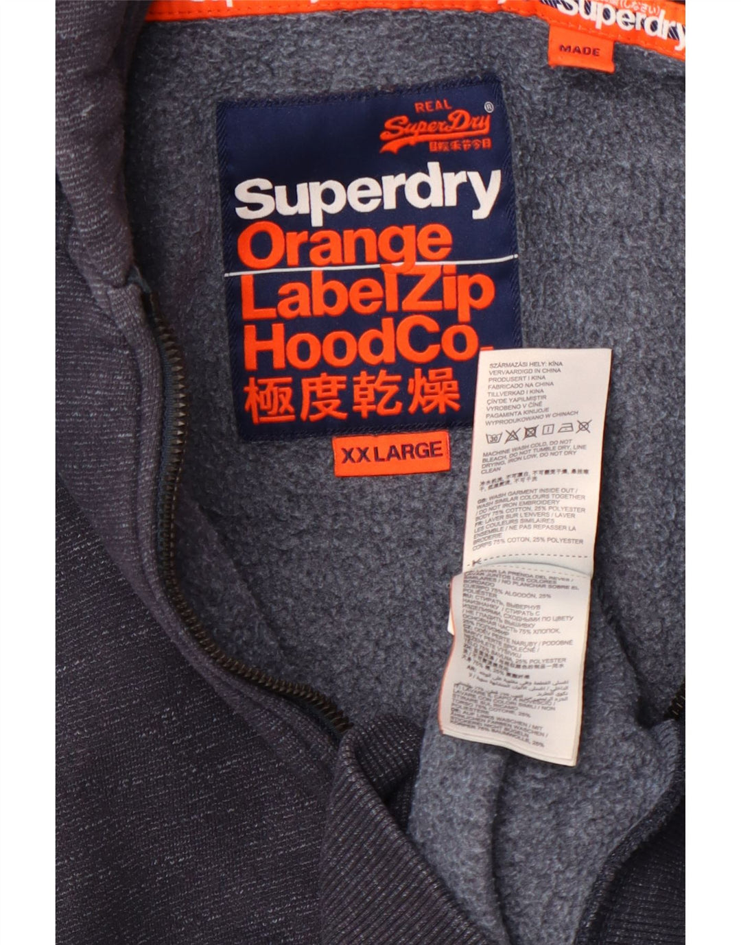 SUPERDRY Pulover cu capota cu fermoar pentru bărbați, 2XL, bumbac cu pete albastru marine