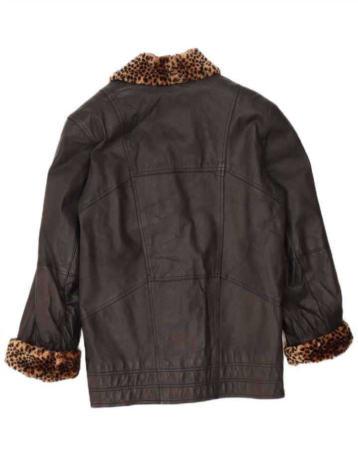 Palton de piele supradimensionat pentru femei VINTAGE UK 10 mic negru cu imprimeu animal