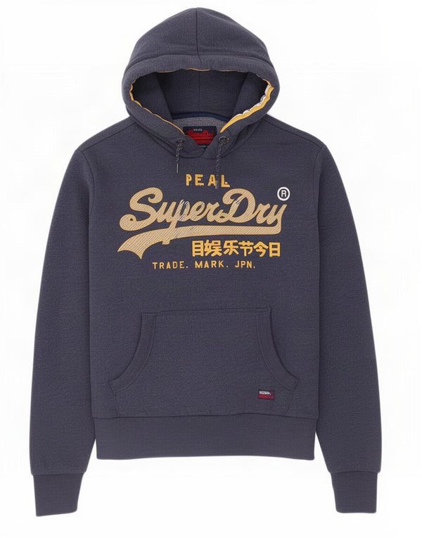 Pulover Superdry pentru bărbați cu glugă grafică, mic, albastru, bumbac