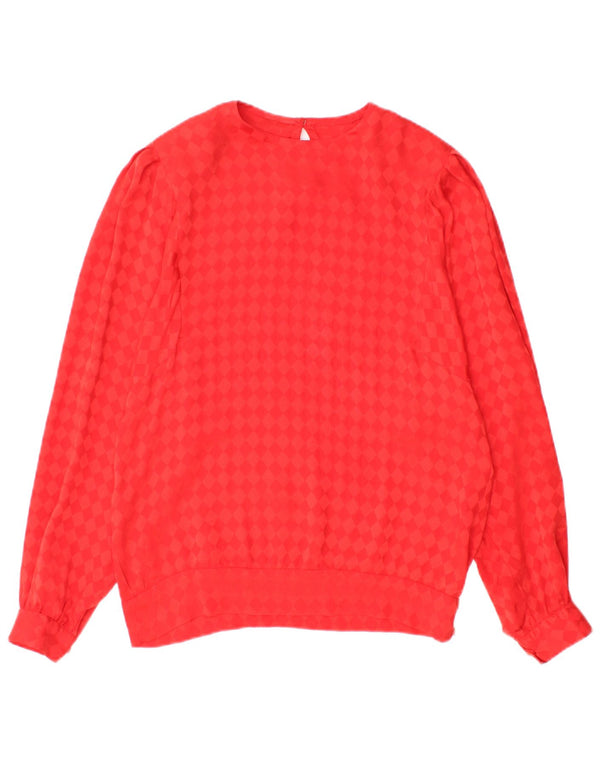 Bluză vintage cu mânecă lungă pentru femei UK 12 Medium Red Argyle/Diamond